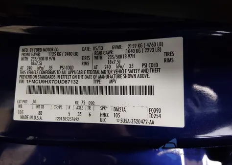 2013 Ford Escape Sel из США, поврежденный, VIN 1FMCU9HX7DUD87132